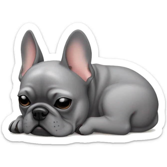 grey french bulldog sleeping on the floor, half of the body outside his floor cushon sticker