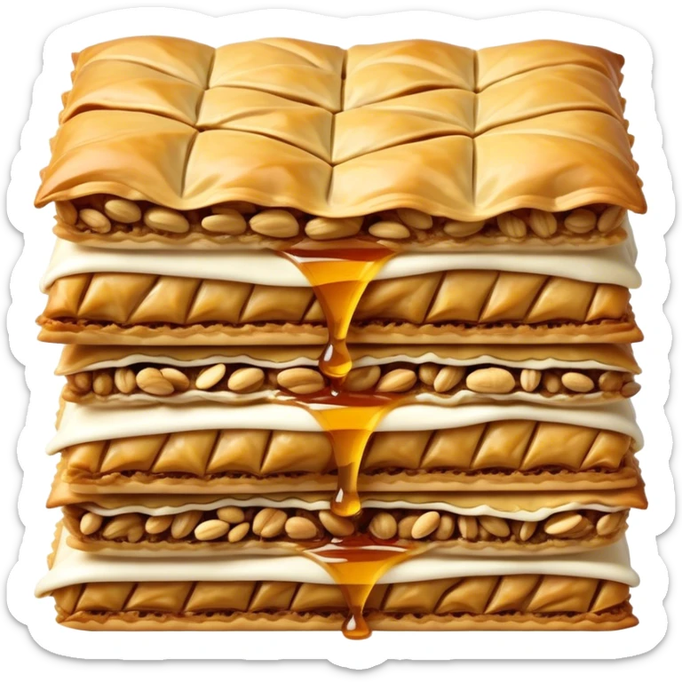 Cinematic Realistic Baklava Dessert Emoji, depicted as layers of flaky pastry with honey and nuts rendered with rich textures and warm, inviting lighting. sticker