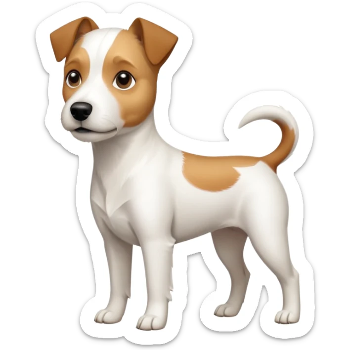 a full body slightly chubby white parson russell terrier looking dog the size of a kelpie with light brown long ears and a light brown patch on one eye and a large snout. the rest of the dog is completely whiteforward facing sticker