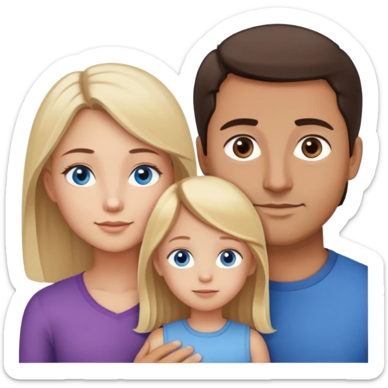 Family portrait with father with dark brown hair and brown eyes, mother with light brown hair and blue eyes, 1 blonde little girls with blue eyes, 1 light brown hair and brown eyes sticker