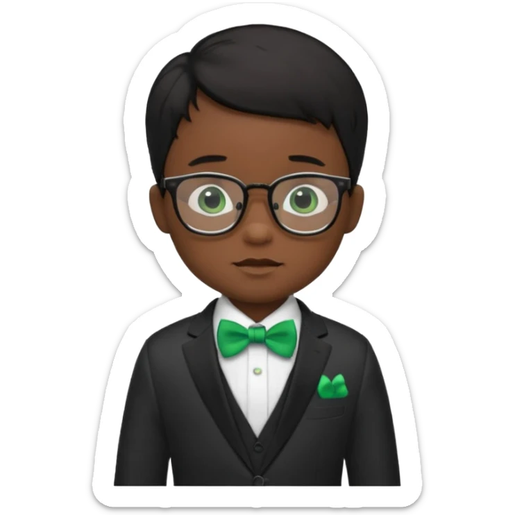baby boy black hair in suit, with green bow, wearing glasses sticker