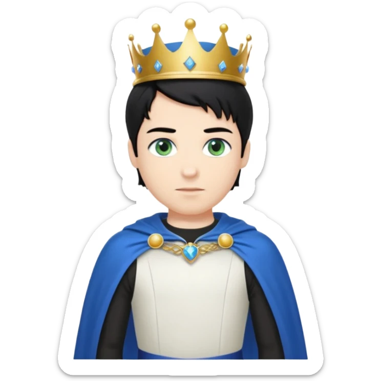 Prince with crown, blue cape and trousers, body and legs, black hair, blue eyes and maid, blonde hair, green eyes, sexy white short sleveless dress,  sticker