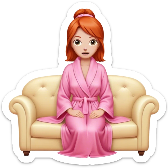 Red head woman wrapped in a pink dressing gown led on a cream sofa sticker
