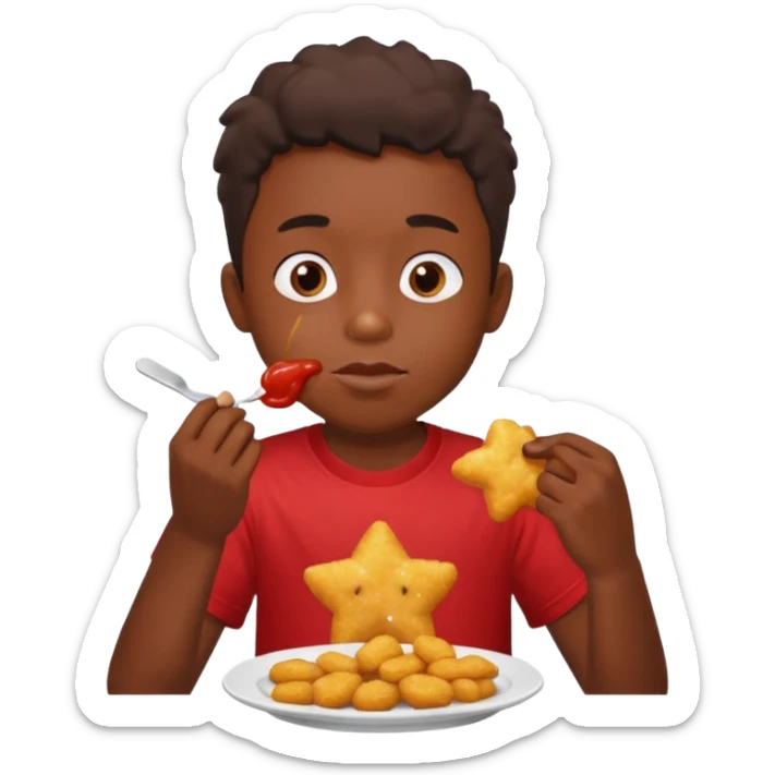 A boy with dark skin wearing a red and yellow t-shirt, eating star-shaped chicken nuggets with ketchup sauce. sticker