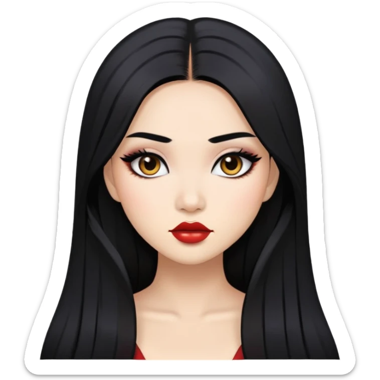 baddie with Asian and Latina features, long straight black hair, makeup, white skin sticker