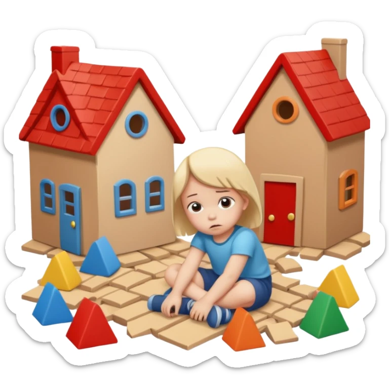 apple style emoji of a sad small child next to toppled toy houses sticker