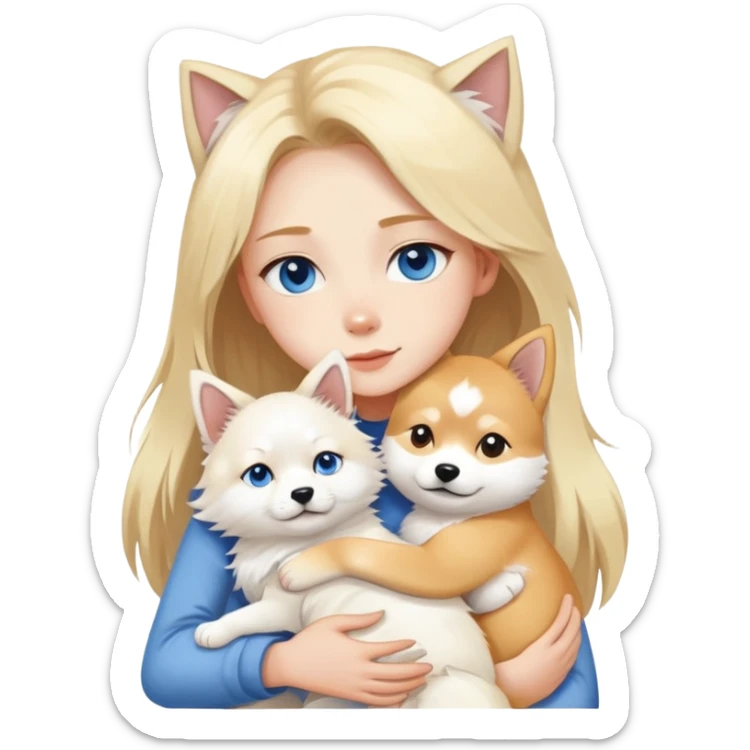 blonde girl blue eyes hugging a white Maine Coon and shiba sticker