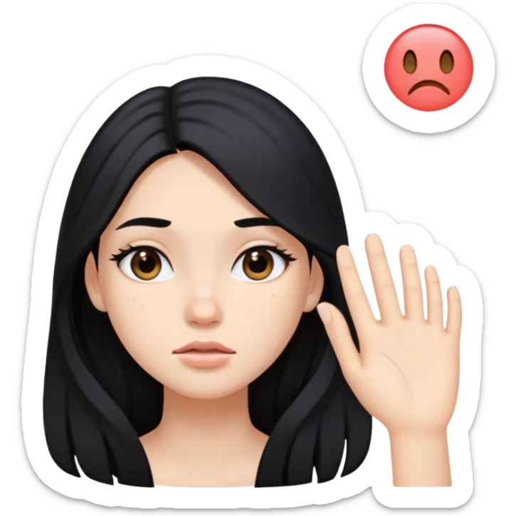 girl with long black hair, soft makeup, and a pimple on her face sticker