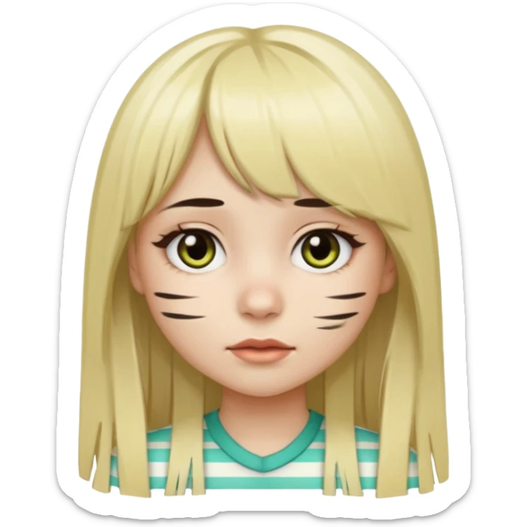 Girl with long straight dark brown hair and blonde striped streaks, with bangs. Light skin and dark eyes. Turn her into a cute zombie version — pale greenish skin, dark eyes, small wounds under eyes, keep her hair and mechas the same, emoji-style. sticker