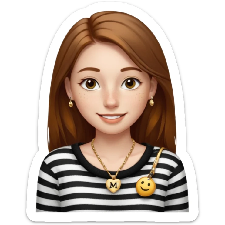 Chica guapa con pecas debajo del labio, pestañas largas con rímel, cejas finas y peludas, pelo marrón medio largo, piercing en la nariz, collar dorado con una "M" y jersey negro de rayas blancas con un hombro descubierto. sticker