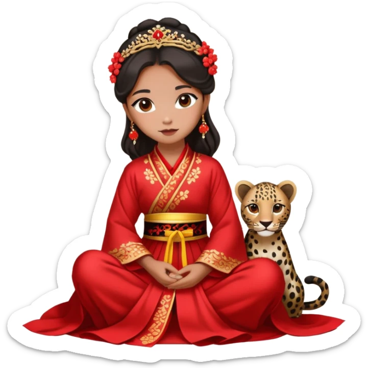 A beautiful girl in red Hanfu wedding dress sits on the ground holding a black leopard sticker