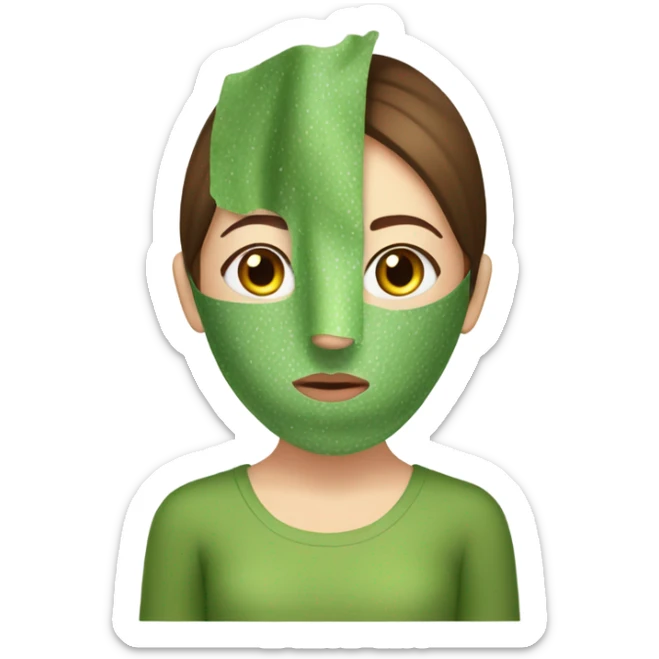 Girl with brown hair freackles white skin tone and blue eyes wears green sheet mask relaxing her eyes closed a pickle over her eyes sticker