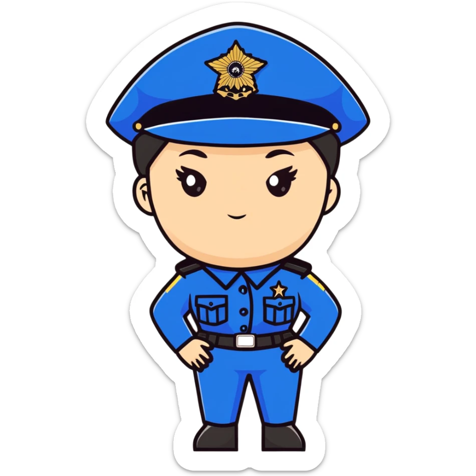 Female Russian police officer in uniform with distinctive police cap, professional look sticker