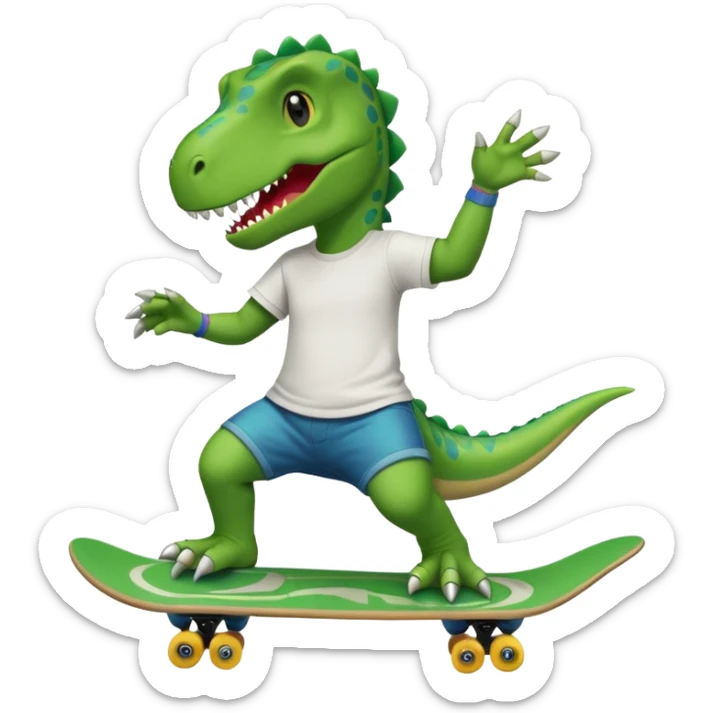 Dinosaur skateboarding at the skate park wearing a t-shirt and doing six seven and dancing sticker