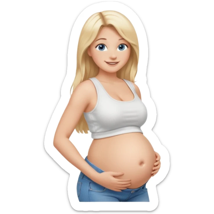 White girl, long blonde hair, white tank crop top, smiling, bare midriff, blue eyes, huge round pregnant belly, jeans, side view sticker