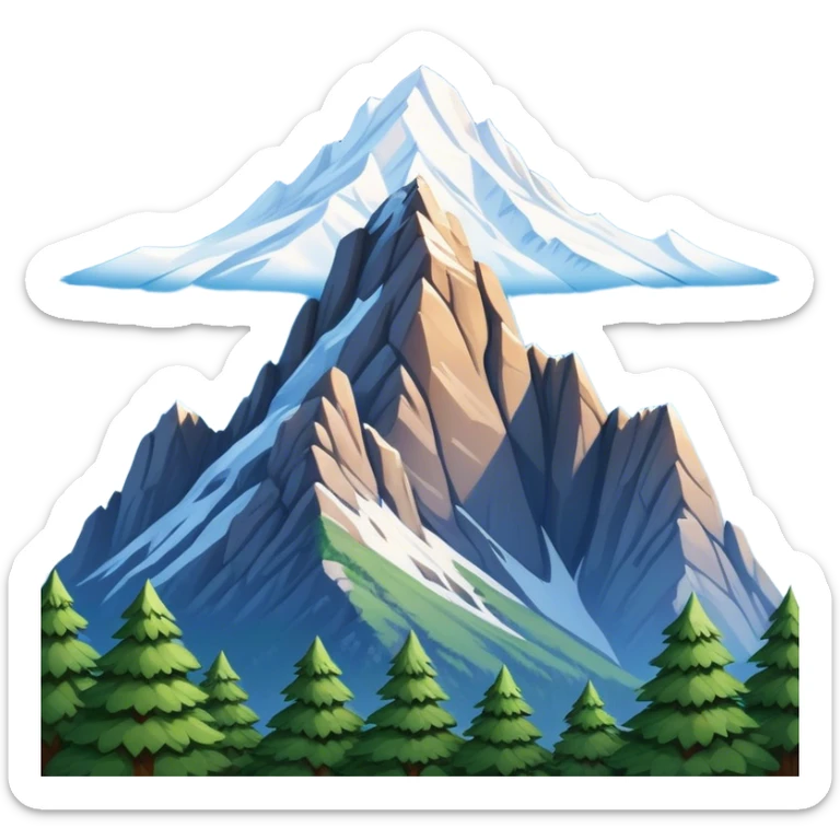 Cinematic Realistic Mountain Emoji, Majestic and towering, with craggy, snow-capped peaks rising sharply against a deep blue sky. The rugged terrain is dotted with rocky outcrops and patches of greenery, with clouds swirling around the higher reaches. Soft glowing outline, capturing the essence of ancient strength and natural beauty in a towering mountain! sticker