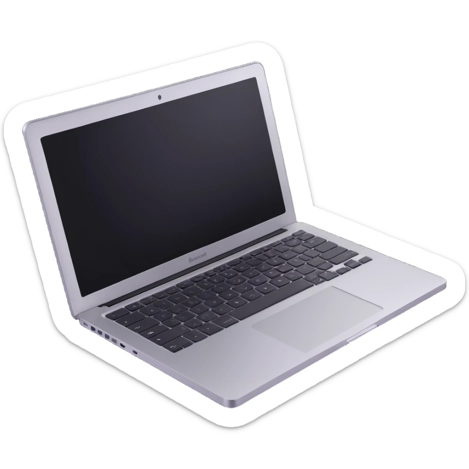 3D illustration of a MacBook laptop, slightly open, showing keyboard, metallic silver, realistic style sticker