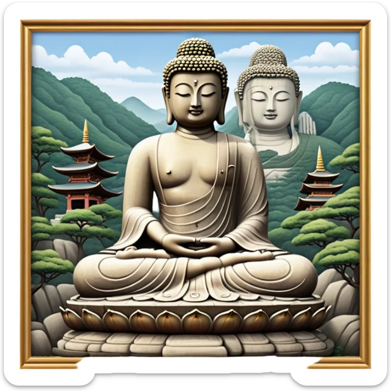 Cinematic Realistic image of the Big Buddha Monument of Sinheungsa Temple, portrayed as a towering, serene Buddha statue carved from weathered stone with intricate details and a gentle meditative expression, set within an ancient temple landscape enveloped in soft, ethereal lighting that underscores its spiritual majesty. sticker