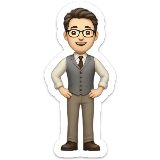 Full height Pale skinned Fit Man With dark brown hair in gray jacket, vest, tie, beige office shirt, Brown pants and vintage glasses. Thrumbs of his palms directed up sticker