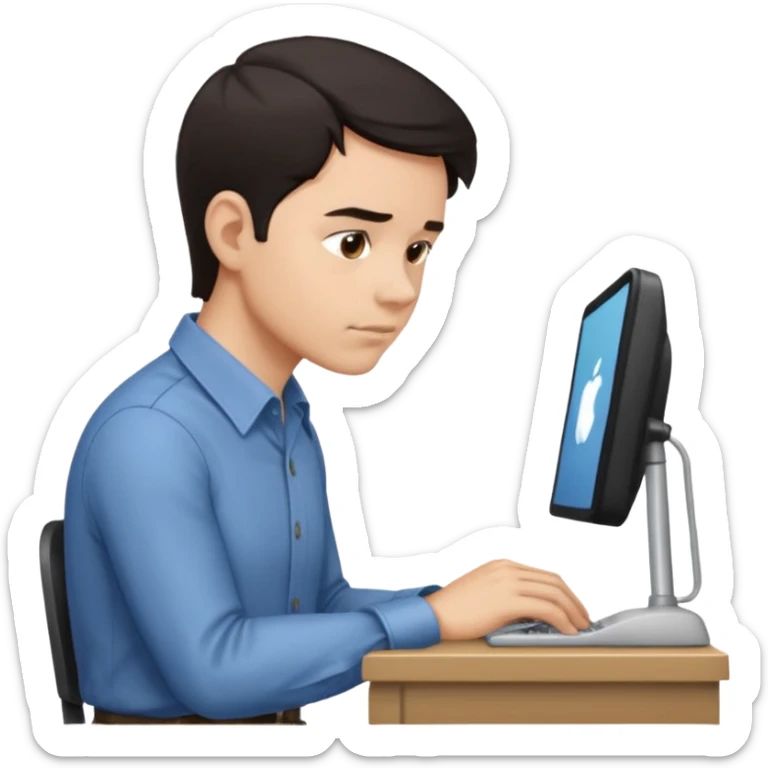  iOS emoji style - Side profile of a man with dark hair and wearing a collared-shirt. He sits with hunched posture at a desk. sticker