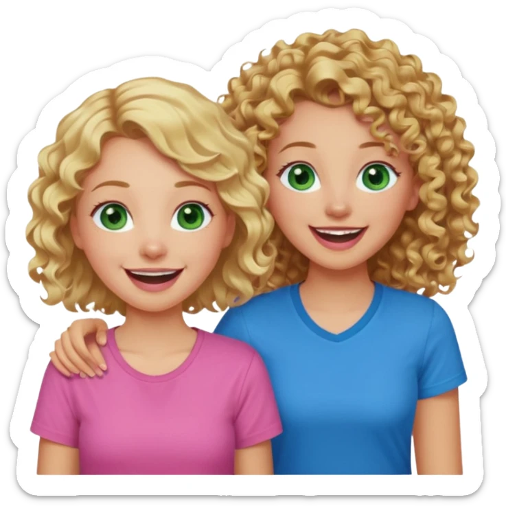 A blonde girl with green eyes and a pink shirt laughing with a dark tan girl with curly brown hair and blue eyes and a blue shirt sticker