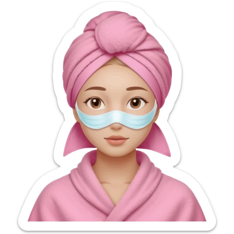 Clean girl influencer character, chest-up portrait, wearing a pink towel wrapped around the head, facial skincare mask on face, relaxed confident expression, soft glow skin, minimal chic aesthetic, subtle beauty accessories, calm self-care vibe sticker