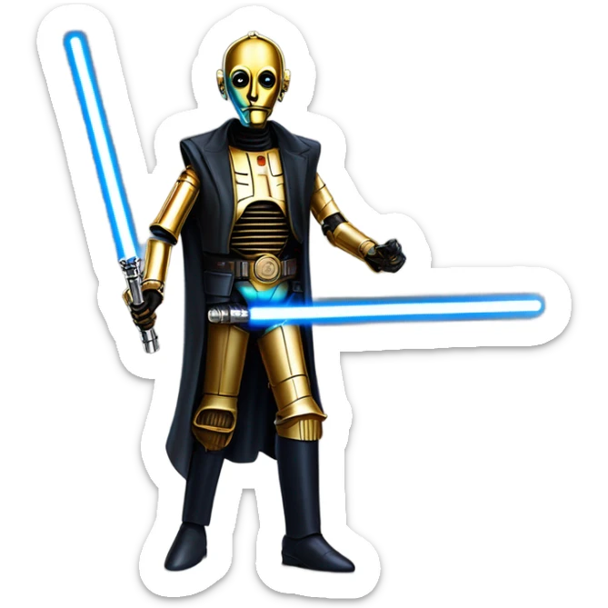 tough well-equipped jedi first order life-sized darkblue-pearl C3po as a friendly bounty hunter droid wearing a leather attire old west duster coat holding light saber ready  sticker