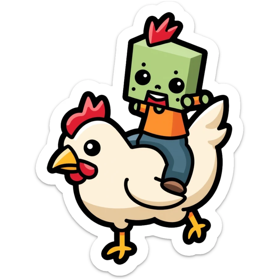Minecraft chicken jockey - a small pixelated baby zombie riding on top of a white chicken, blocky style sticker