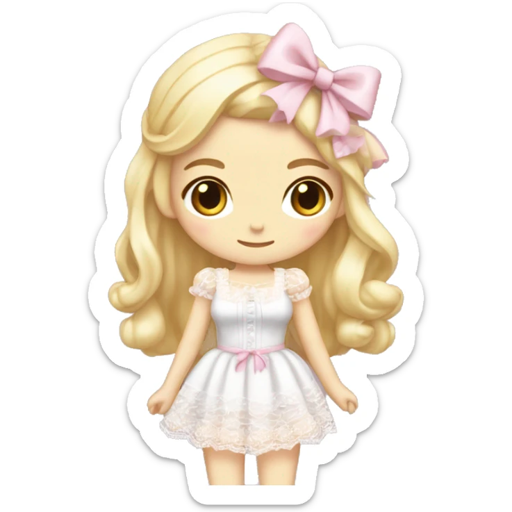 full body, woman standing, pale skin, long blonde hair, wearing lolita pink dress with white lace, wearing a pretty white bow on top of her head sticker
