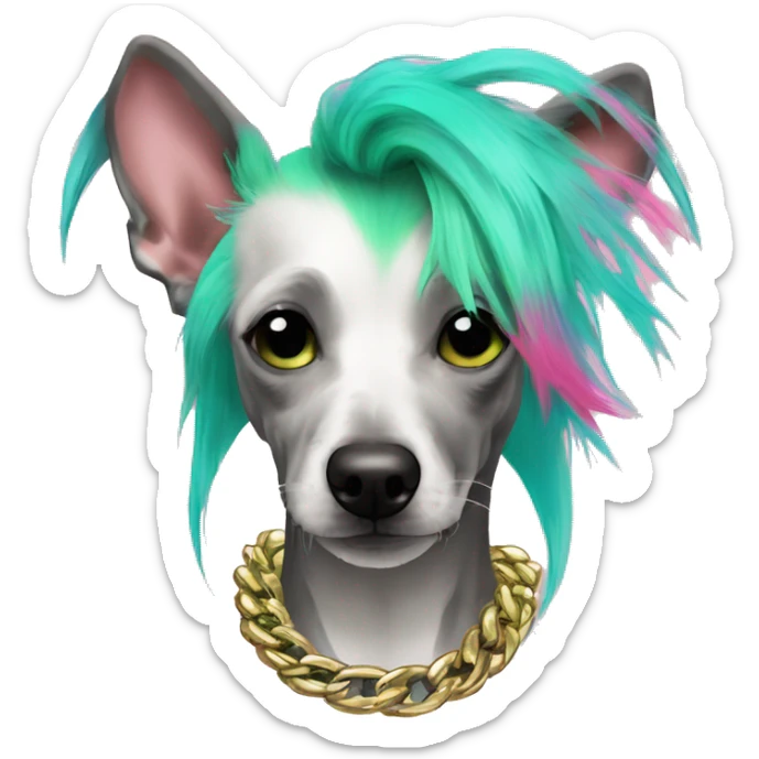 Punk Chinese crested dog neon rainbow cyan green pink hair gold chain punk piercings tattoos punk ear piercings sticker