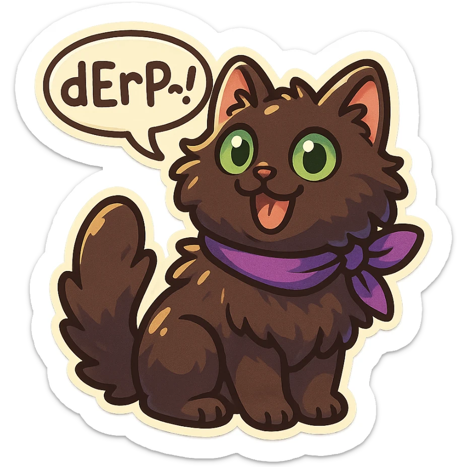 Fluffy cute playful silly smiling happy dark-brown cat with green eyes and a purple scarf saying ‘dErP~!’ (With a speech bubble) sticker