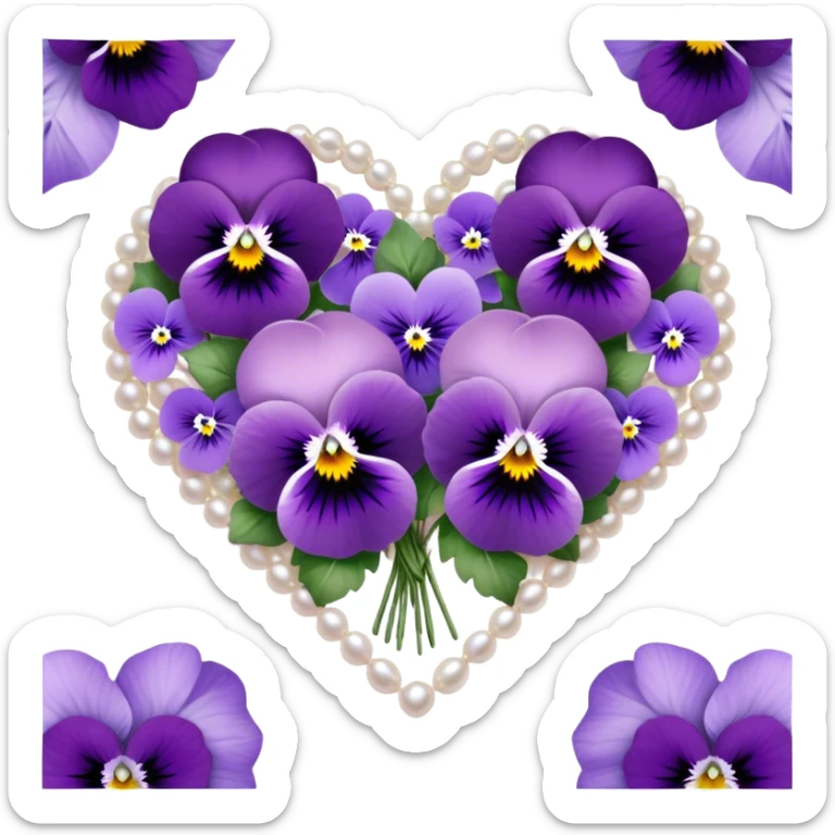 An exquisite heart-shaped bouquet composed of deep lilac flowers and ice violet pansies, harmoniously blended with amethyst and pastel purple tones, is delicately placed on smooth pearl satin fabric, its beauty further enhanced by the subtle sparkle of tiny silver adornments. sticker