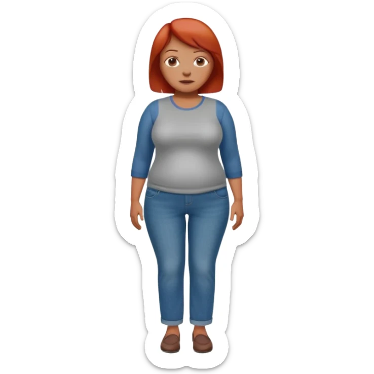 Lazy old Short woman with straight short red hair and fat tummy..wears business casual jeams and full sleeve  tshirt. Not smart looking ill fitting clothes sticker
