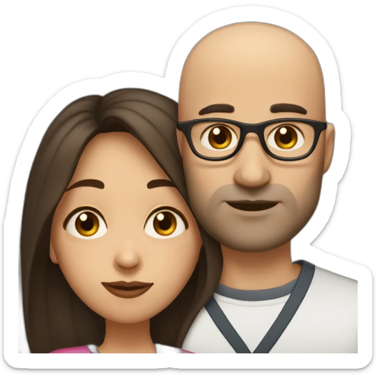 dark brown haired woman without glasses kissing bald man with glasses sticker