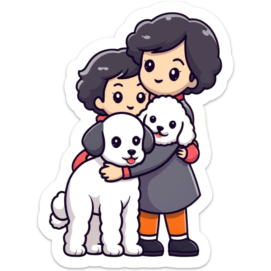 Woman with short black straight hair hugging a brown poodle and a white bichon frise sticker