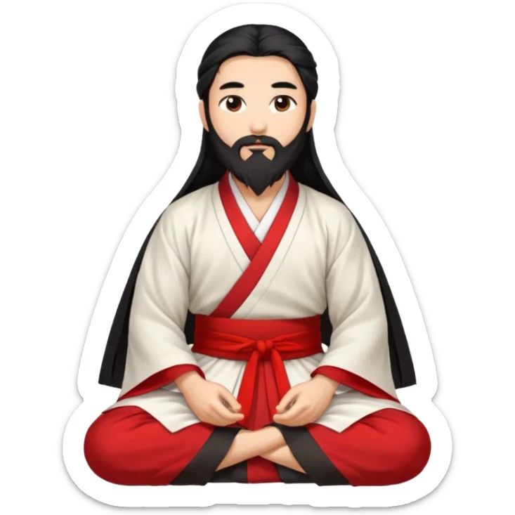Beautiful man with lightly tan skin and dark long beard, long hair, in red and white Hanfu sitting on the ground sticker