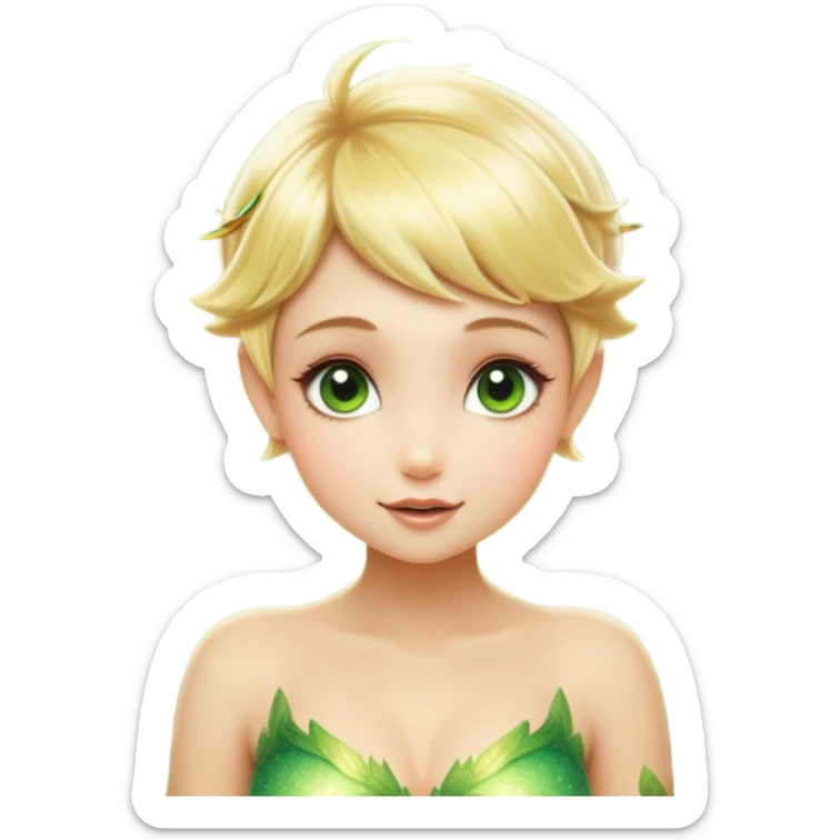 Cinematic Realistic Blonde Tinker Bell Fairy Portrait, depicted with lifelike, delicate skin glowing with a subtle radiant aura, soft natural lighting accentuating her gentle features, and intricately detailed golden blonde hair styled in a whimsical pixie cut. Her iridescent, translucent wings shimmer with delicate fairy dust, and her expressive, sparkling eyes reflect a world of magic. Adorned in a subtle blend of woodland greens and soft pastel accents, the portrait exudes an enchanting glow that seamlessly merges realism with fairy charm. sticker