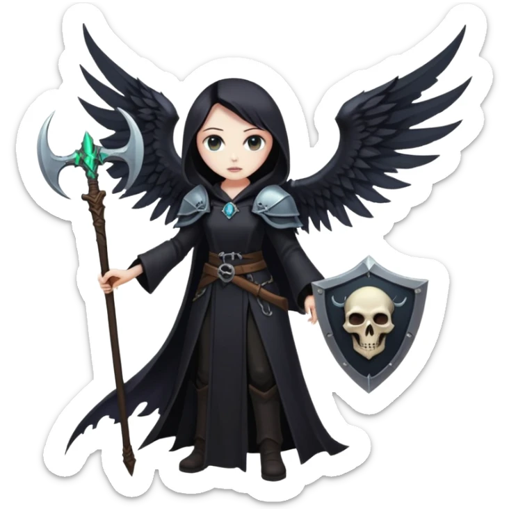 Necromancer girl with wings, a scythe and shield, in front of a dead mage sticker