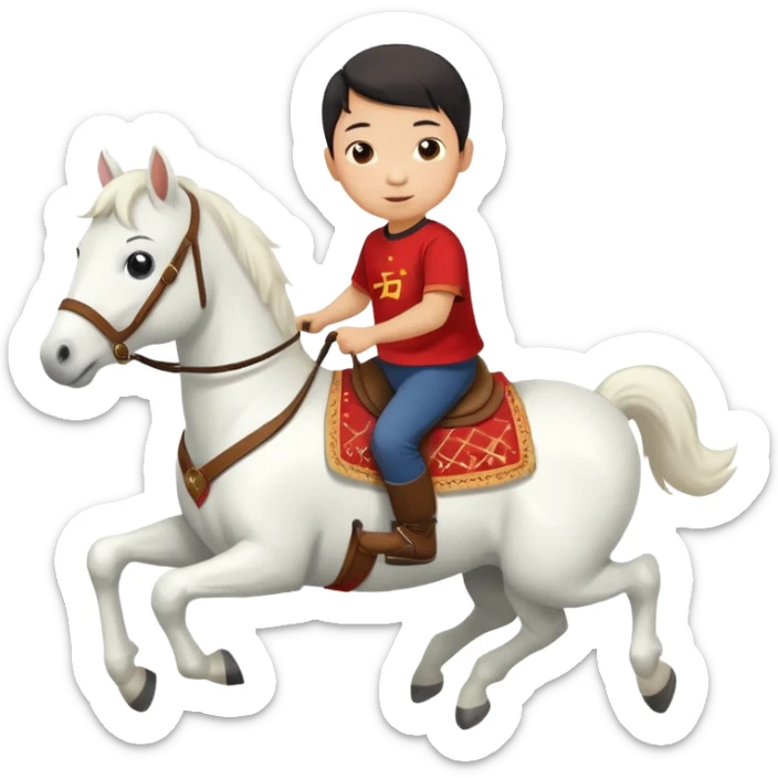 A Chinese little boy is riding a cute white small horse, and the horse is running. The blanket on the saddle says ‘2026.’  (2026 MUST HAVE) 。 sticker