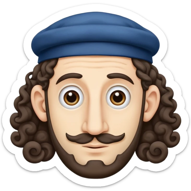 Jewish man with huge nose and only two long curls on either side of his head wearing a kippah sticker