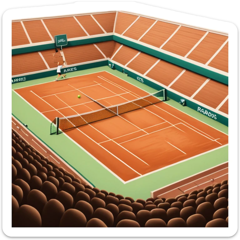 A tennis court at the Roland Garros tournament, with the iconic clay surface and a tennis ball bouncing near the net. The scene evokes the energy and excitement of the grand event, with vibrant crowds in the stands and a competitive atmosphere. sticker