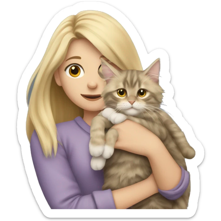 A blonde girl holds a maine coon cat in her arms sticker