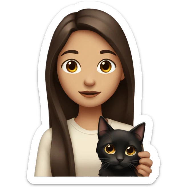 a girl with dark really long brown hair with brown eyes and holding a tiny cat that is black? sticker