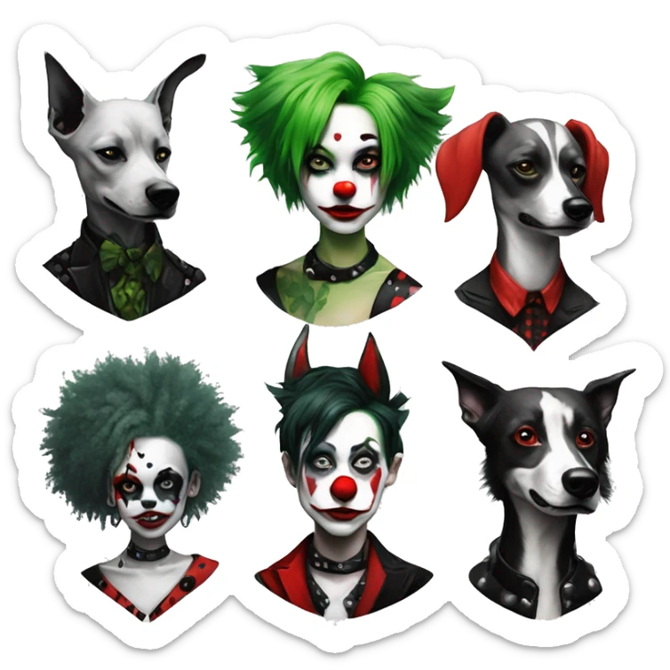 Punk Green gray black red punk dog joker Harley Quinn mime clown harlequin facepaint tattoos punk lurcher surrealism  sticker