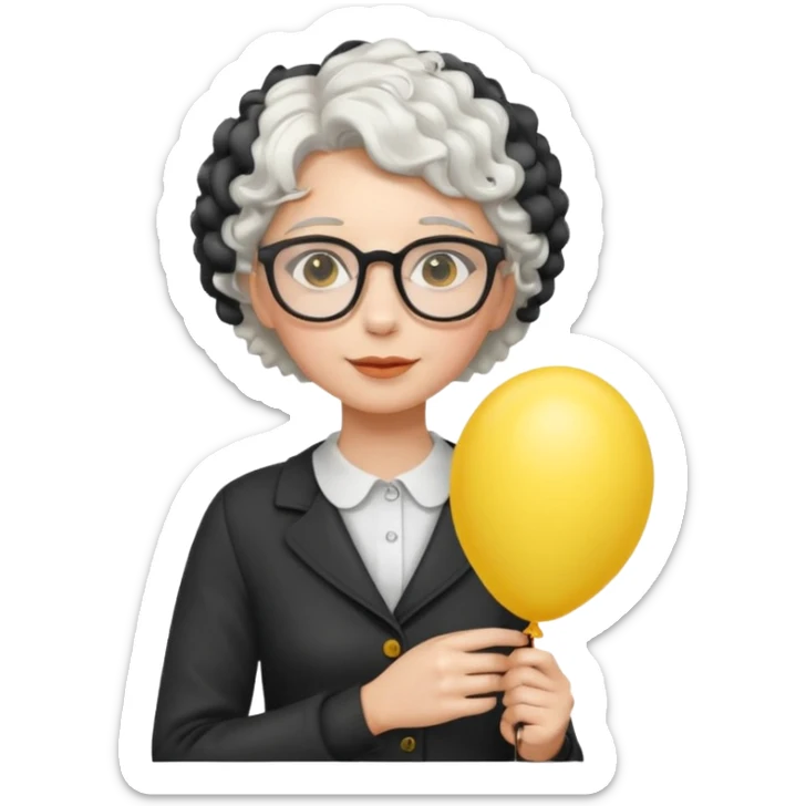 woman with short curly white hair and wearing glasses, holding yellow balloon sticker