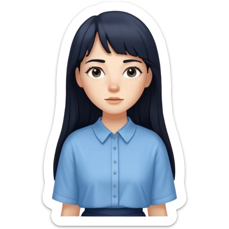 hair : black long hair with fringe 
skin : light with freckelt
cloth : oversize light blue shirt + navy long long skirt 
 sticker