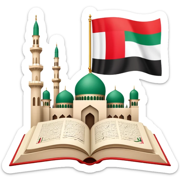 An icon featuring the mosque and the big flag of United Arab Emirates, symbolizing the Arabic language. The design includes an open book with Arabic script and calligraphy, representing language learning and cultural heritage. Transparent background sticker