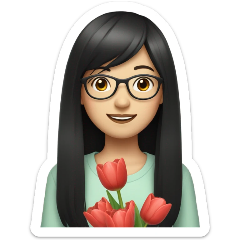 asian pale skin girl with long black hair and bangs and glasses holding tulips, smiling sticker