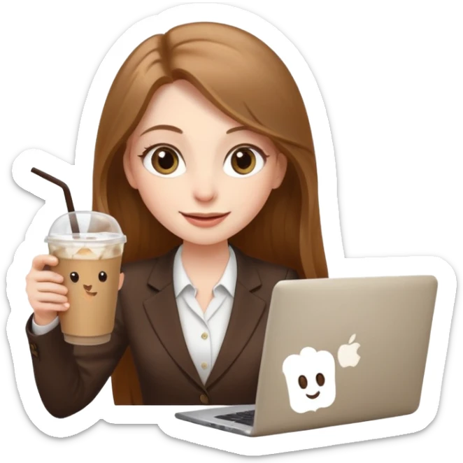 Women in front of laptop with a happy face, face a little fuller, long light brown hair, light brown big eyes, light pale skin with a iced coffee on the side, business attire sticker