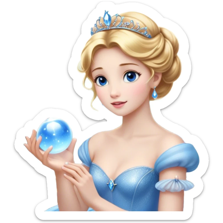 Cinematic Stunning Cinderella Portrait Emoji, Radiant in her sparkling blue ball gown, golden hair in a perfect updo, soft blue eyes full of wonder, glistening tiara, glowing with an ethereal beauty, regal yet kind, a dreamlike aura surrounds her, capturing the essence of a fairy tale princess, elegant and breathtaking! sticker